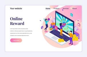 Isometric landing page design concept of Online reward. A group of happy people receive a gift box from Online loyalty program. vector illustration