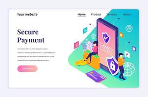 Modern flat isometric design concept of Secure Payment, money transfer protection with characters for website and mobile website. Landing page template. vector illustration