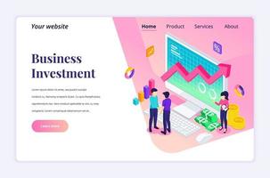 Isometric landing page design concept of Business Investment. Two businessmen shaking hands in agreement on investment in their business. vector illustration