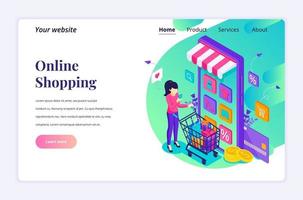 moderno concepto de diseño plano isométrico de compras en línea. una mujer joven que compra productos en la tienda de aplicaciones móviles para el sitio web y el sitio web móvil. plantilla de página de destino. ilustración vectorial vector