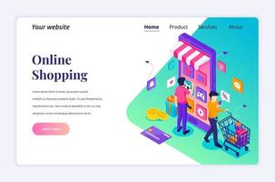 Modern flat isometric design concept of Online Shopping. People buying products in the mobile application store for website and mobile website. Landing page template. vector illustration