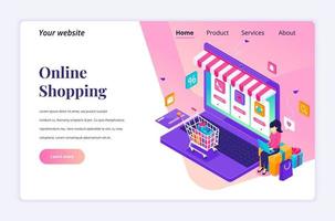 Modern flat isometric design concept of Online Shopping. A young woman using laptop to buying products in the online store for website and mobile website. Landing page template. vector illustration