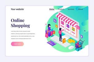 moderno concepto de diseño plano isométrico de compras en línea. mujeres jóvenes que compran productos en la tienda en línea para el sitio web y el sitio web móvil. plantilla de página de destino. ilustración vectorial vector