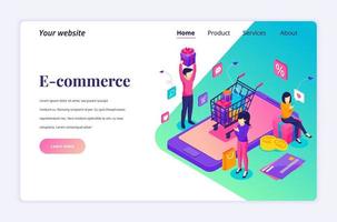 Modern flat isometric design concept of E-commerce. People buying products in the online store, Online Shopping concept for website and mobile website. Landing page template. vector illustration