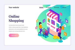 moderno concepto de diseño plano isométrico de compras en línea. mujeres jóvenes que compran productos en la tienda de aplicaciones móviles para el sitio web y el sitio web móvil. plantilla de página de destino. ilustración vectorial vector