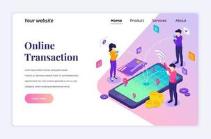 Isometric landing page design concept of Online transaction. people using mobile phone are making money transactions, online payment, money transfer near the giant mobile phone. vector illustration