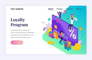 Isometric landing page design concept of Loyalty marketing program. A group of happy people receive a gift box, Discount and loyalty card, rewards card points and bonuses. vector illustration