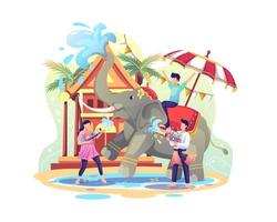 Happy People celebrating Songkran festival by playing water with elephants vector