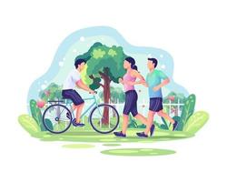 concepto de ilustración del día mundial de la salud con una pareja trotando y una persona en bicicleta en el parque. estilo de vida saludable vector