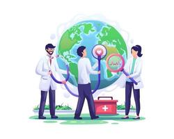 Doctors check the health world globe with a stethoscope in the order of world health day vector