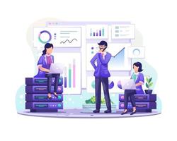 Data Analysis concept with character people on-screen analyzes the data stored on the server illustration vector