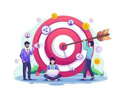 Business target concept, Referral, and affiliate partnership program with People put darts on the dartboard. target with an arrow hit the target illustration vector