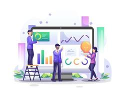 Data Analysis concept with character people on computer screen analyzes charts and graphic data visualization illustration vector