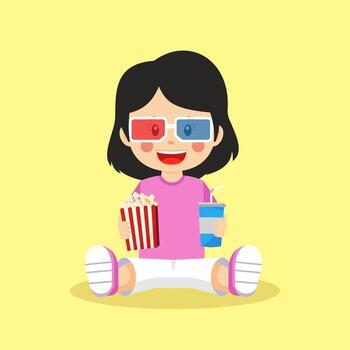 linda chica sosteniendo palomitas de maíz y bebida vector