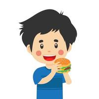 niño lindo feliz comer hamburguesa vector