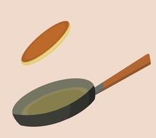 Tasty american pancake on a frying pan. Flipping the pancake on the pan. Shrovetide. Maslenitsa. Flat vector illustration