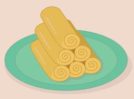 Rolled thin pancakes on a plate. Shrovetide. Maslenitsa. Flat vector illustration