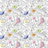 Seashells vector seamless pattern in cartoon style. Purple, pink, orange seashells, yellow hearts, red and yellow spheres and black doodle lines