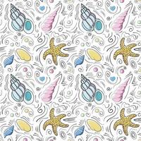 Seashells vector seamless pattern in cartoon style. Yellow starfish, blue, pink, yellow seashells, hearts, spheres and black doodle lines