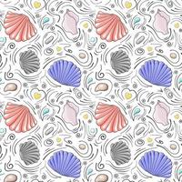 Seashells vector seamless pattern in cartoon style. Gray and red semicircular seashells, pale pink seashells, sea stones, drops and black doodle lines