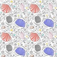 Seashells vector seamless pattern in cartoon style. Gray and red semicircular seashells, pale pink seashells, sea stones, drops and black doodle lines