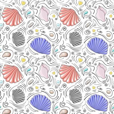 Seashells vector seamless pattern in cartoon style. Gray and red semicircular seashells, pale pink seashells, sea stones, drops and black doodle lines