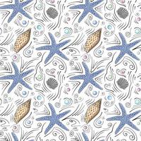 Seashells vector seamless pattern in cartoon style. Blue starfish, light brown and gray seashells, sea stones, sea drops and black doodle lines