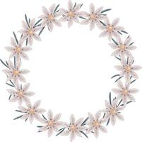 Vector beige wreath of wild daisies and green long leaves. Isolated frame has a place for text