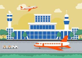 Edificio de la terminal del aeropuerto con aviones infográficos despegando y diferentes tipos de transporte plantillas de elementos ilustración vectorial vector