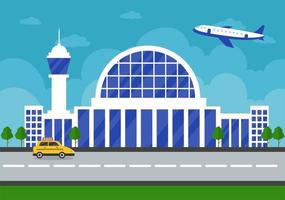 Airport Terminal Building with Infographic Aircraft Taking off and Different Transport Types Elements Templates Vector Illustration