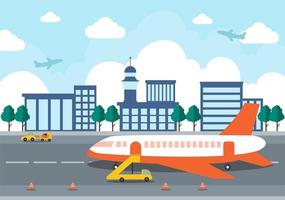 Airport Terminal Building with Infographic Aircraft Taking off and Different Transport Types Elements Templates Vector Illustration