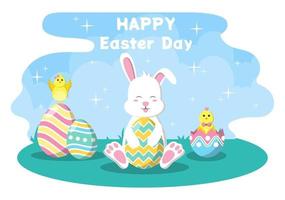 Fondo de ilustración de diseño plano de feliz día de pascua para cartel, invitación y tarjeta de felicitación. concepto de conejo y huevos. vector