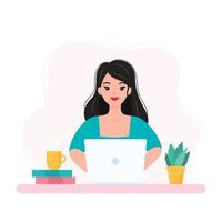 Young Woman Working from Home, Student or Freelancer. vector