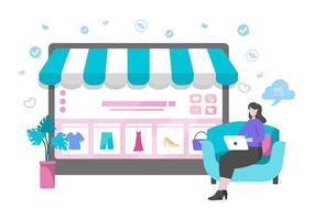 diseño plano de compras en línea para la página de destino del sitio web, elementos de marketing o ilustración de comercio electrónico, banner web y pago digital vector