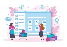 diseño plano de compras en línea para la página de destino del sitio web, elementos de marketing o ilustración de comercio electrónico, banner web y pago digital vector