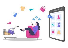 diseño plano de compras en línea para la página de destino del sitio web, elementos de marketing o ilustración de comercio electrónico, banner web y pago digital vector