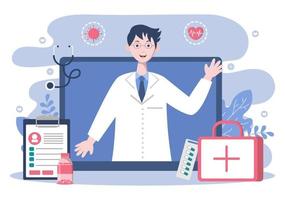 Atención médica en línea y concepto médico de la ilustración de vector de médico, consulta médica y tratamiento a través de la aplicación de teléfono inteligente o clínica de internet conectada a una computadora