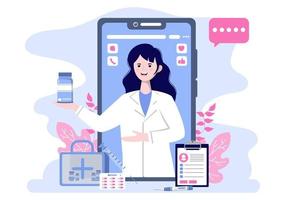 Atención médica en línea y concepto médico de la ilustración de vector de médico, consulta médica y tratamiento a través de la aplicación de teléfono inteligente o clínica de internet conectada a una computadora