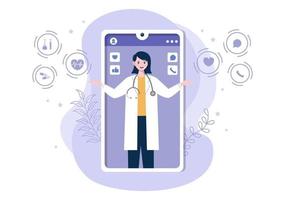 Atención médica en línea y concepto médico de la ilustración de vector de médico, consulta médica y tratamiento a través de la aplicación de teléfono inteligente o clínica de internet conectada a una computadora