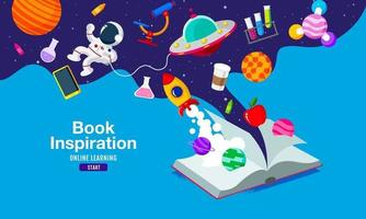 Book Inspiration, Online Learning, study from home, back to school, flat design vector. vector