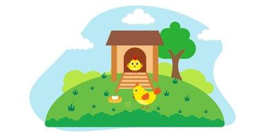 Cute Cartoon Vector Illustration of Chicken and Farm Rural Meadow