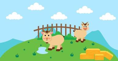 Cute Cartoon Vector Illustration of Goat and Farm Rural Meadow