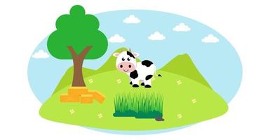 Cute Cartoon Vector Illustration of Cow and Farm Rural Meadow