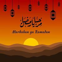 Marhaban ya Ramadhan banner with calligraphy, mosque, lantern suitable for greeting cards, flyer, poster, cover, web, social media post or stories vector