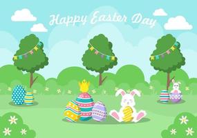 Happy Easter Day Flat Design Illustration Background for Poster, Invitation, and Greeting Card. Rabbit and Eggs Concept. vector