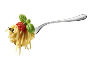 Fork of spaghetti with tomato sauce and basil photo
