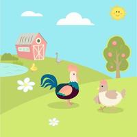 cute farm animals, landscape with cartoon rooster, hen, goose, duckling vector image