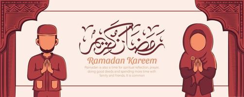 Banner de Ramadán Kareem con adornos de ilustración islámica dibujados a mano sobre fondo blanco. vector