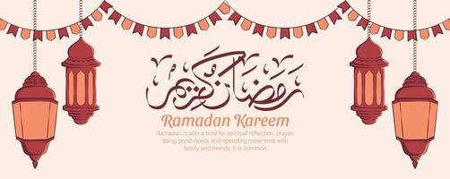 Banner de Ramadán Kareem con adornos de ilustración islámica dibujados a mano sobre fondo blanco. vector