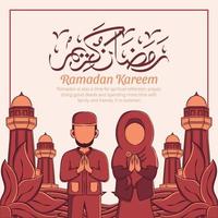 Hand drawn illustration of Ramadan Kareem Iftar party celebration. Islamic Holy Month 1442 H. vector